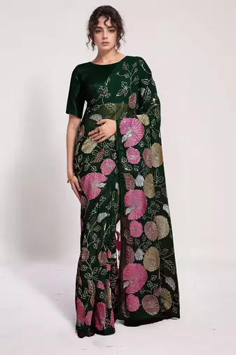 georgette green designer thread sequance embroidery work saree