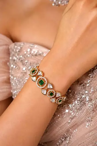 Emerald Green CZ Kundan Style Gold Plated Bridal Bracelet, Indian Wedding Jewelry