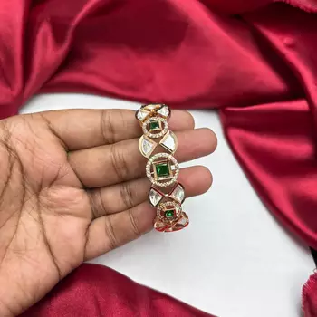 Emerald Green CZ Kundan Style Gold Plated Bridal Bracelet, Indian Wedding Jewelry 2