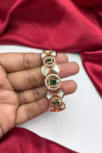 Emerald Green CZ Kundan Style Gold Plated Bridal Bracelet, Indian Wedding Jewelry