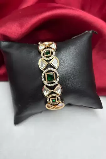 Emerald Green CZ Kundan Style Gold Plated Bridal Bracelet, Indian Wedding Jewelry