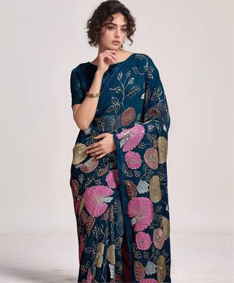 georgette petrol designer thread sequance embroidery work saree 1