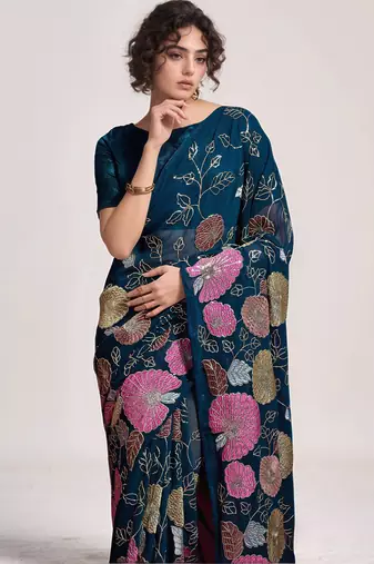 georgette petrol designer thread sequance embroidery work saree