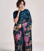 georgette petrol designer thread sequance embroidery work saree