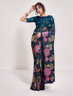 georgette petrol designer thread sequance embroidery work saree 2