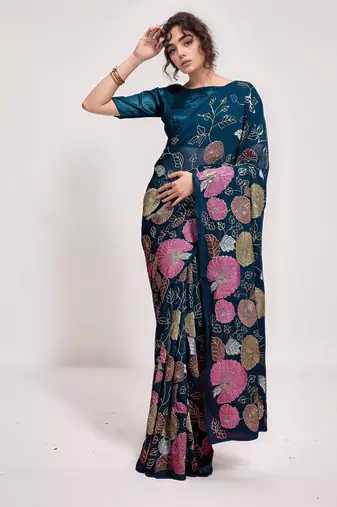 georgette petrol designer thread sequance embroidery work saree