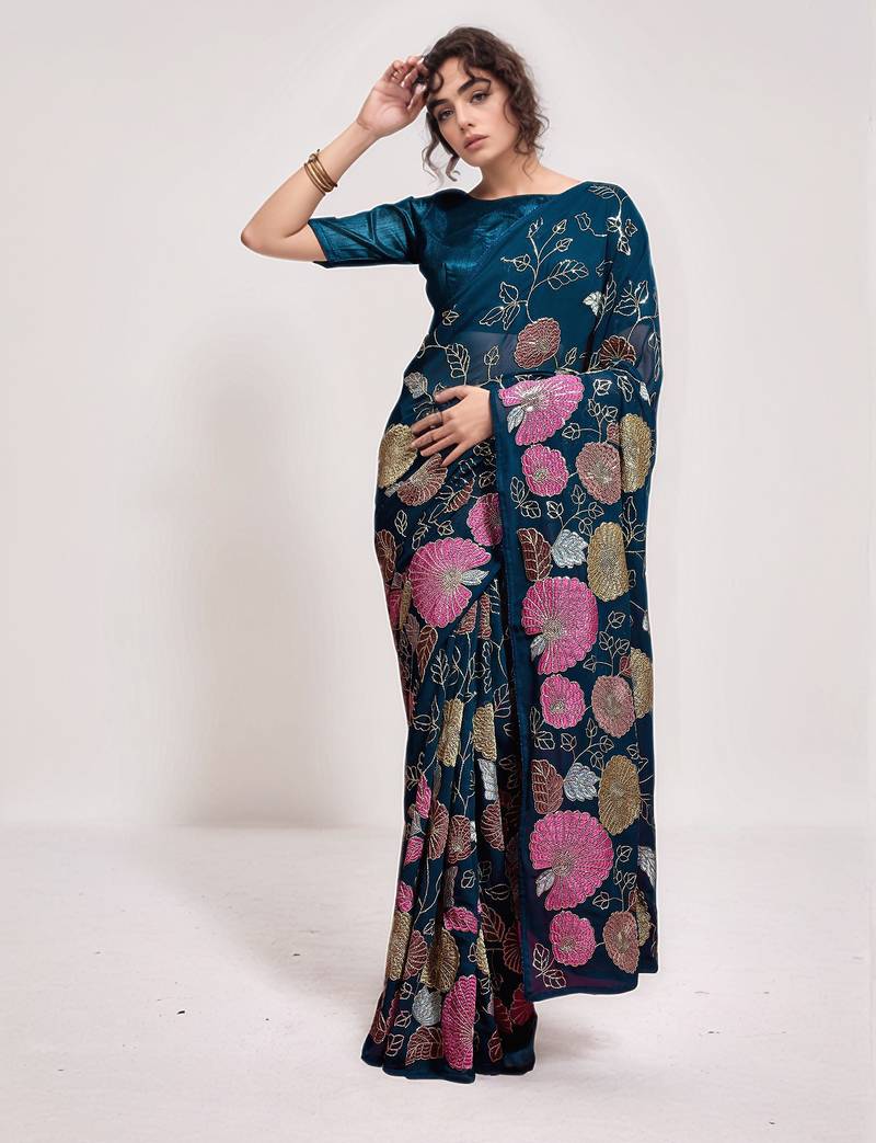 georgette petrol designer thread sequance embroidery work saree