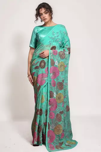 georgette sea green designer thread sequance embroidery work saree