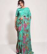 georgette sea green designer thread sequance embroidery work saree