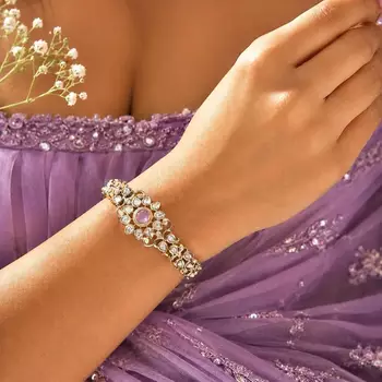 Pink Kundan Style Bracelet, Gold Tone CZ Bridal Jewelry, Ethnic Festive Wrist Bracelet 1
