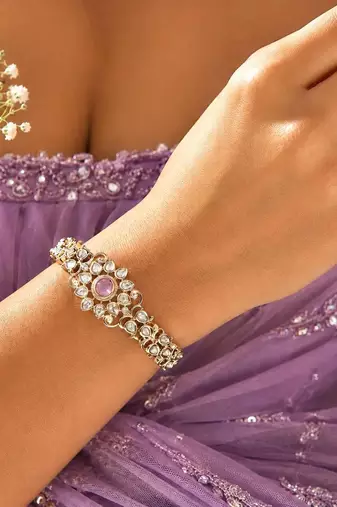 Pink Kundan Style Bracelet, Gold Tone CZ Bridal Jewelry, Ethnic Festive Wrist Bracelet