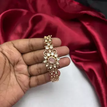 Pink Kundan Style Bracelet, Gold Tone CZ Bridal Jewelry, Ethnic Festive Wrist Bracelet 2