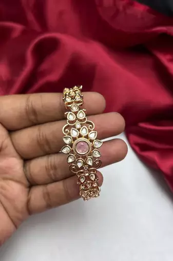 Pink Kundan Style Bracelet, Gold Tone CZ Bridal Jewelry, Ethnic Festive Wrist Bracelet