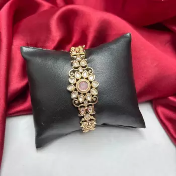 Pink Kundan Style Bracelet, Gold Tone CZ Bridal Jewelry, Ethnic Festive Wrist Bracelet 3
