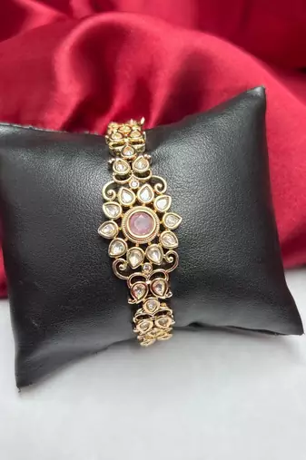 Pink Kundan Style Bracelet, Gold Tone CZ Bridal Jewelry, Ethnic Festive Wrist Bracelet