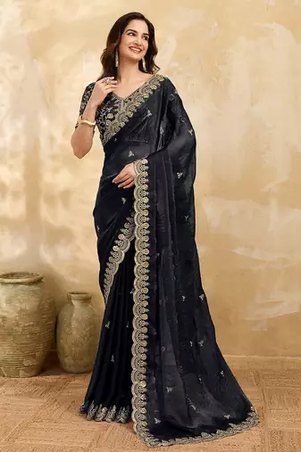 Black satin embroidery sequence work saree with unstitch blouse piece for women