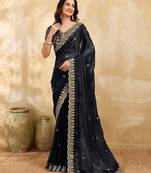Black satin embroidery sequence work saree with unstitch blouse piece for women