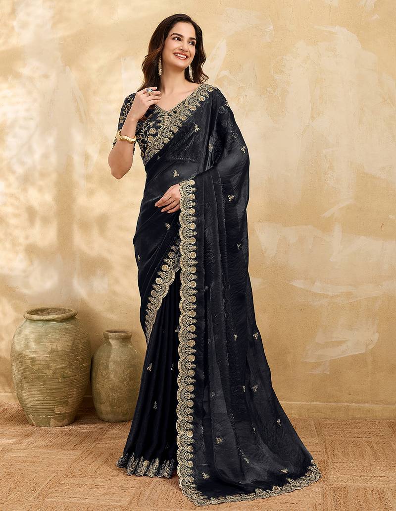 Black satin embroidery sequence work saree with unstitch blouse piece for women