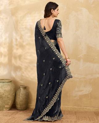 Black satin embroidery sequence work saree with unstitch blouse piece for women 2