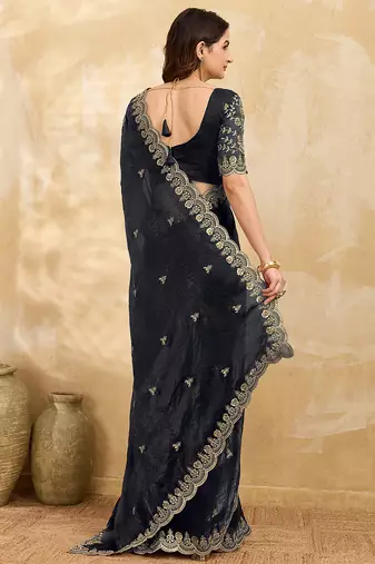 Black satin embroidery sequence work saree with unstitch blouse piece for women