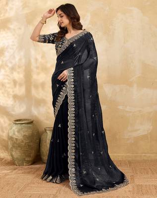 Black satin embroidery sequence work saree with unstitch blouse piece for women 3