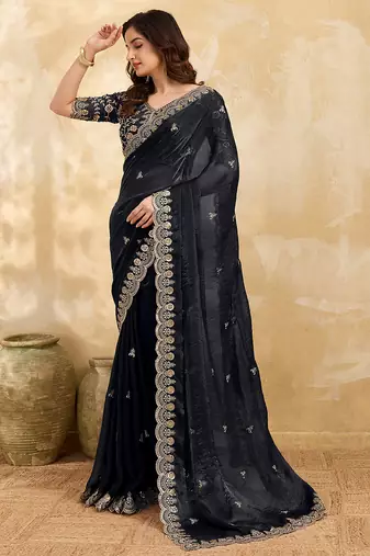Black satin embroidery sequence work saree with unstitch blouse piece for women