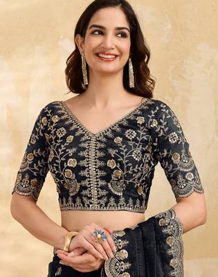 Black satin embroidery sequence work saree with unstitch blouse piece for women 4