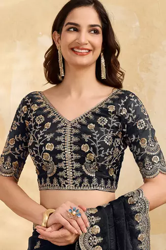 Black satin embroidery sequence work saree with unstitch blouse piece for women