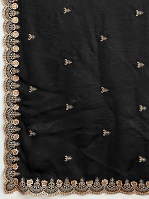 Black satin embroidery sequence work saree with unstitch blouse piece for women 5