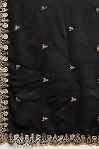 Black satin embroidery sequence work saree with unstitch blouse piece for women