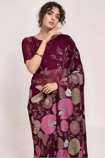 georgette wine designer thread sequance embroidery work saree