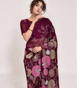 georgette wine designer thread sequance embroidery work saree