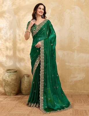 Darkgreen satin embroidery sequence work saree with unstitch blouse piece for women 1