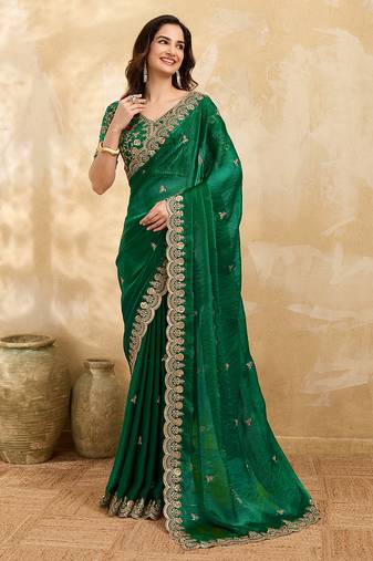 Darkgreen satin embroidery sequence work saree with unstitch blouse piece for women