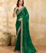Darkgreen satin embroidery sequence work saree with unstitch blouse piece for women