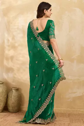 Darkgreen satin embroidery sequence work saree with unstitch blouse piece for women