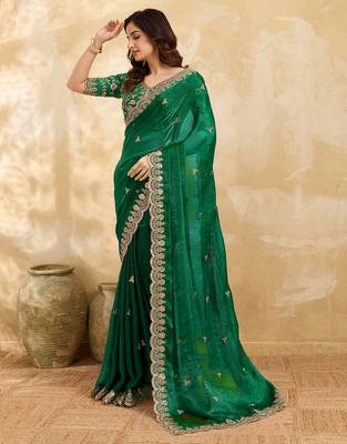 Darkgreen satin embroidery sequence work saree with unstitch blouse piece for women 3