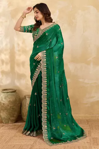 Darkgreen satin embroidery sequence work saree with unstitch blouse piece for women