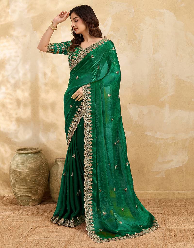 Darkgreen satin embroidery sequence work saree with unstitch blouse piece for women