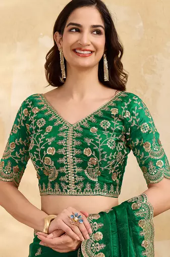 Darkgreen satin embroidery sequence work saree with unstitch blouse piece for women
