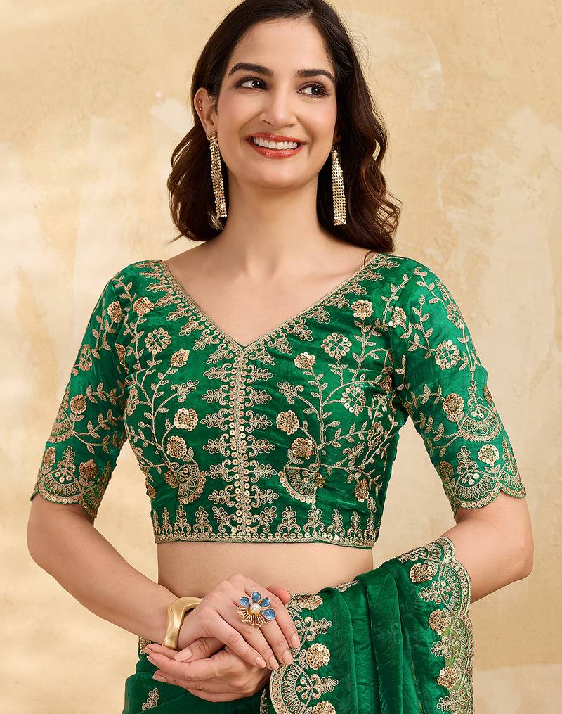 Darkgreen satin embroidery sequence work saree with unstitch blouse piece for women