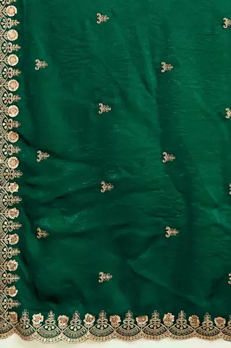 Darkgreen satin embroidery sequence work saree with unstitch blouse piece for women