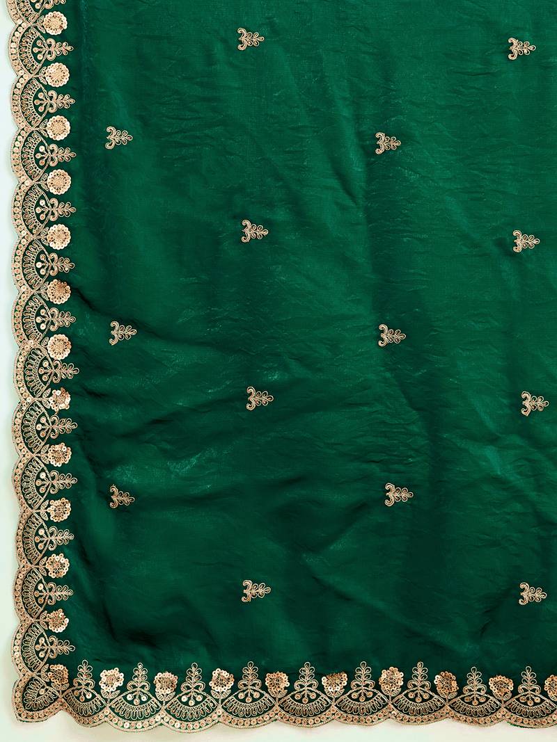 Darkgreen satin embroidery sequence work saree with unstitch blouse piece for women
