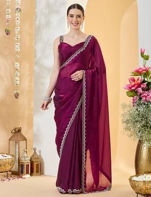 Purple satin siroski work saree with unstitch blouse piece for women 1