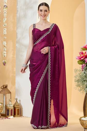 Purple satin siroski work saree with unstitch blouse piece for women