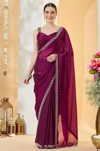 Purple satin siroski work saree with unstitch blouse piece for women