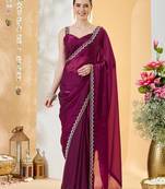Purple satin siroski work saree with unstitch blouse piece for women