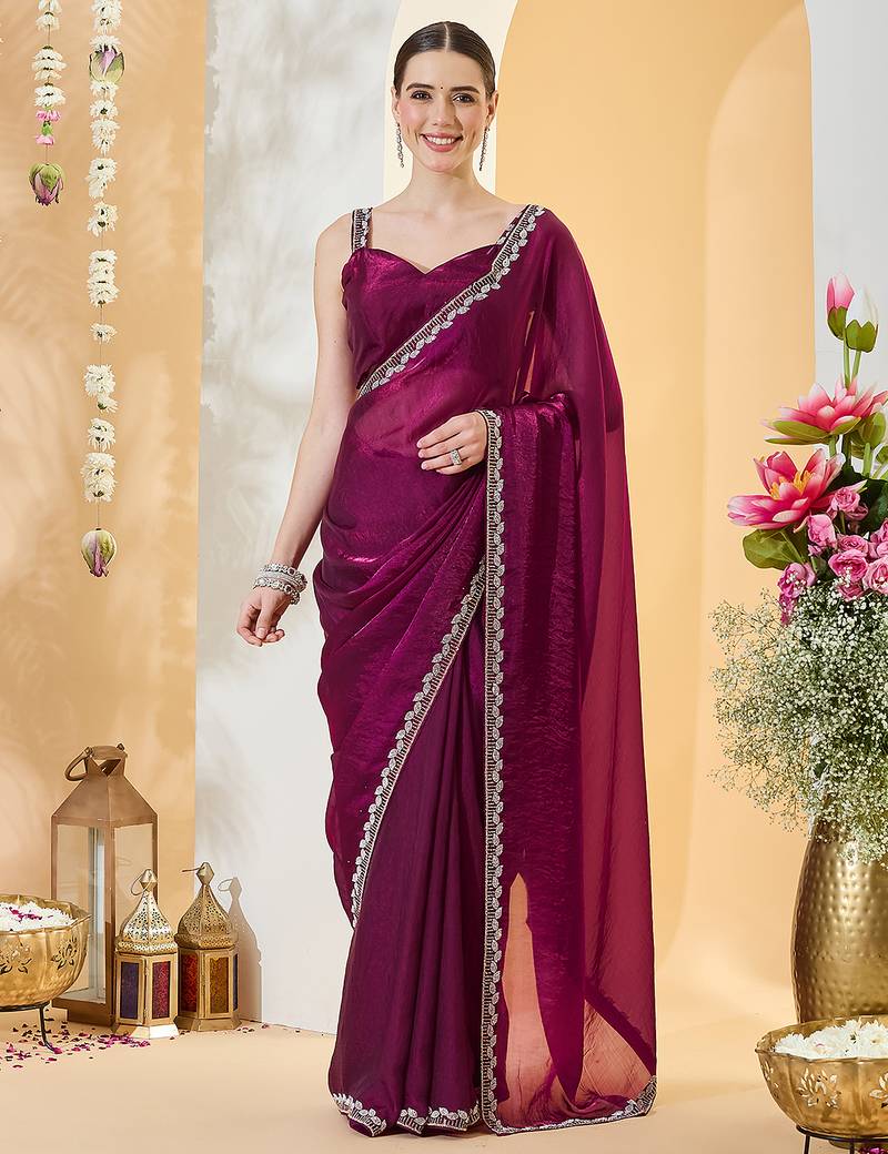 Purple satin siroski work saree with unstitch blouse piece for women