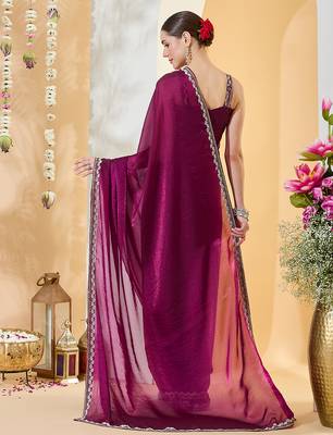 Purple satin siroski work saree with unstitch blouse piece for women 2