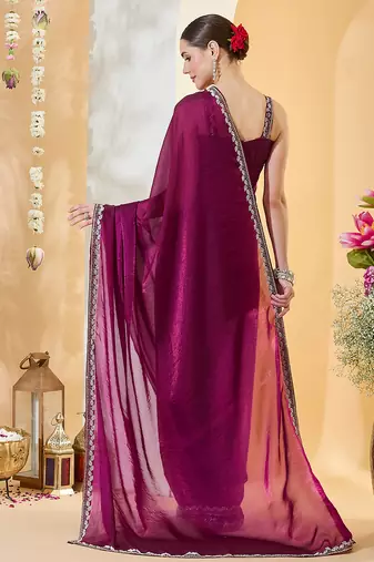 Purple satin siroski work saree with unstitch blouse piece for women